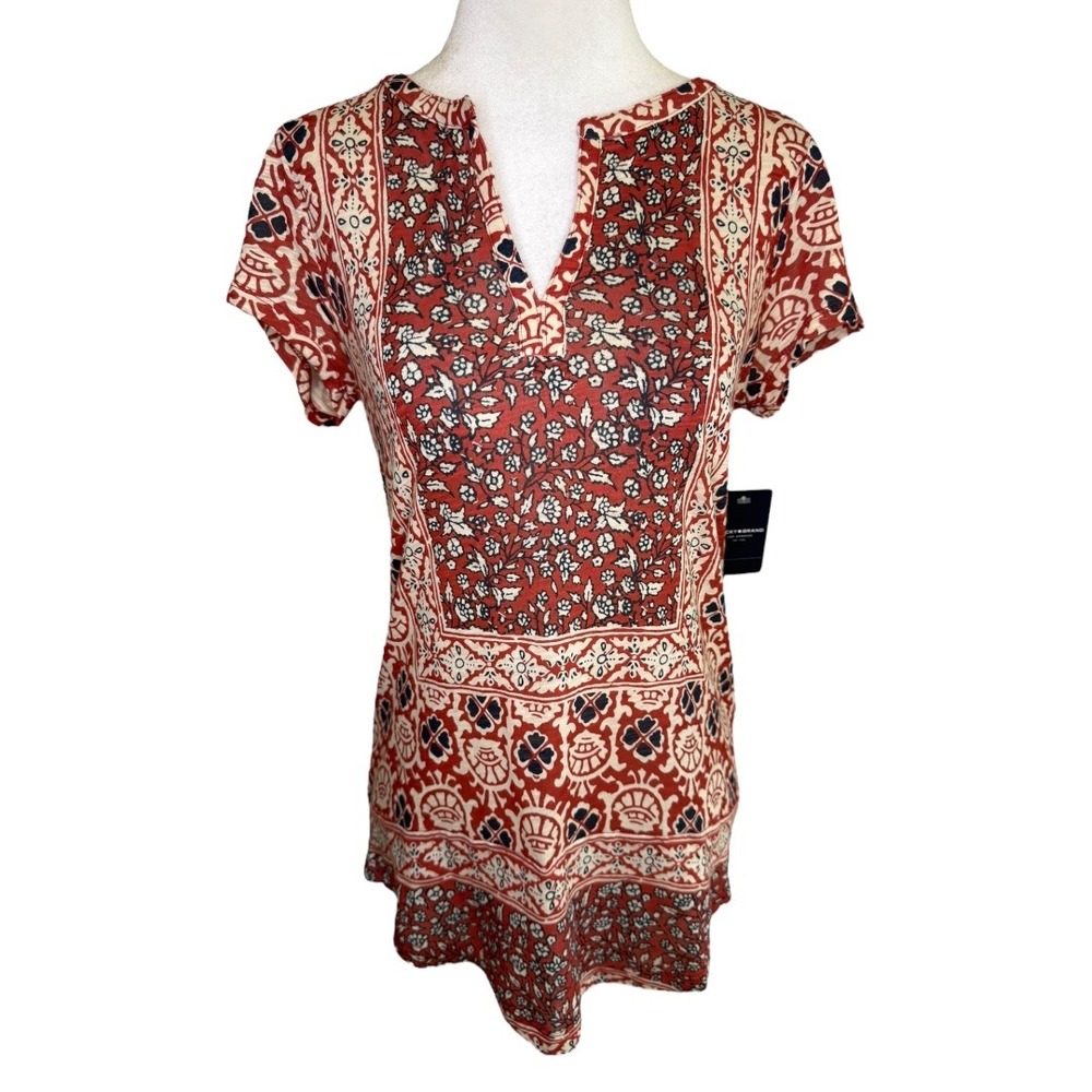Lucky Brand Floral Print Top Short Sleeve Casual Blouse Red XS